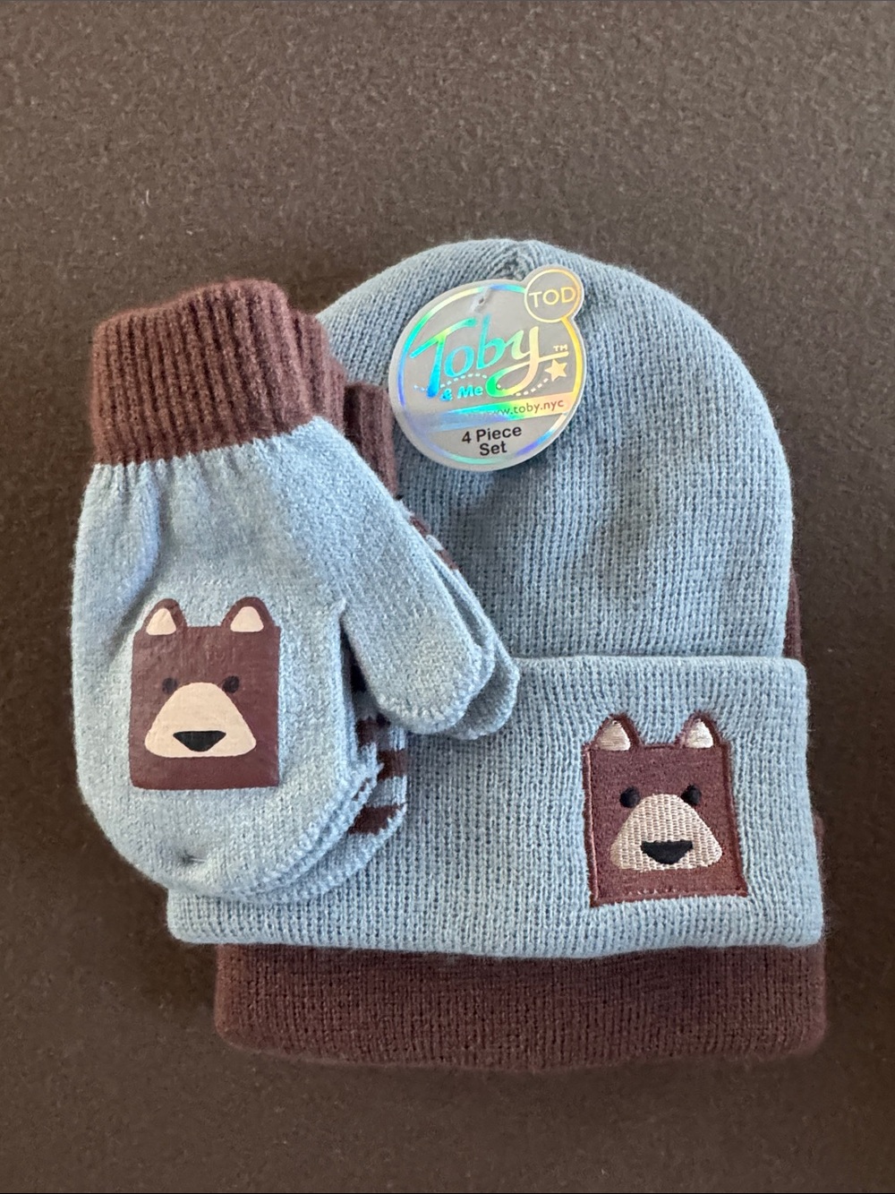 Baby/Toddler Light Blue & Brown Bear Knit Beanie and Mittens Set by
